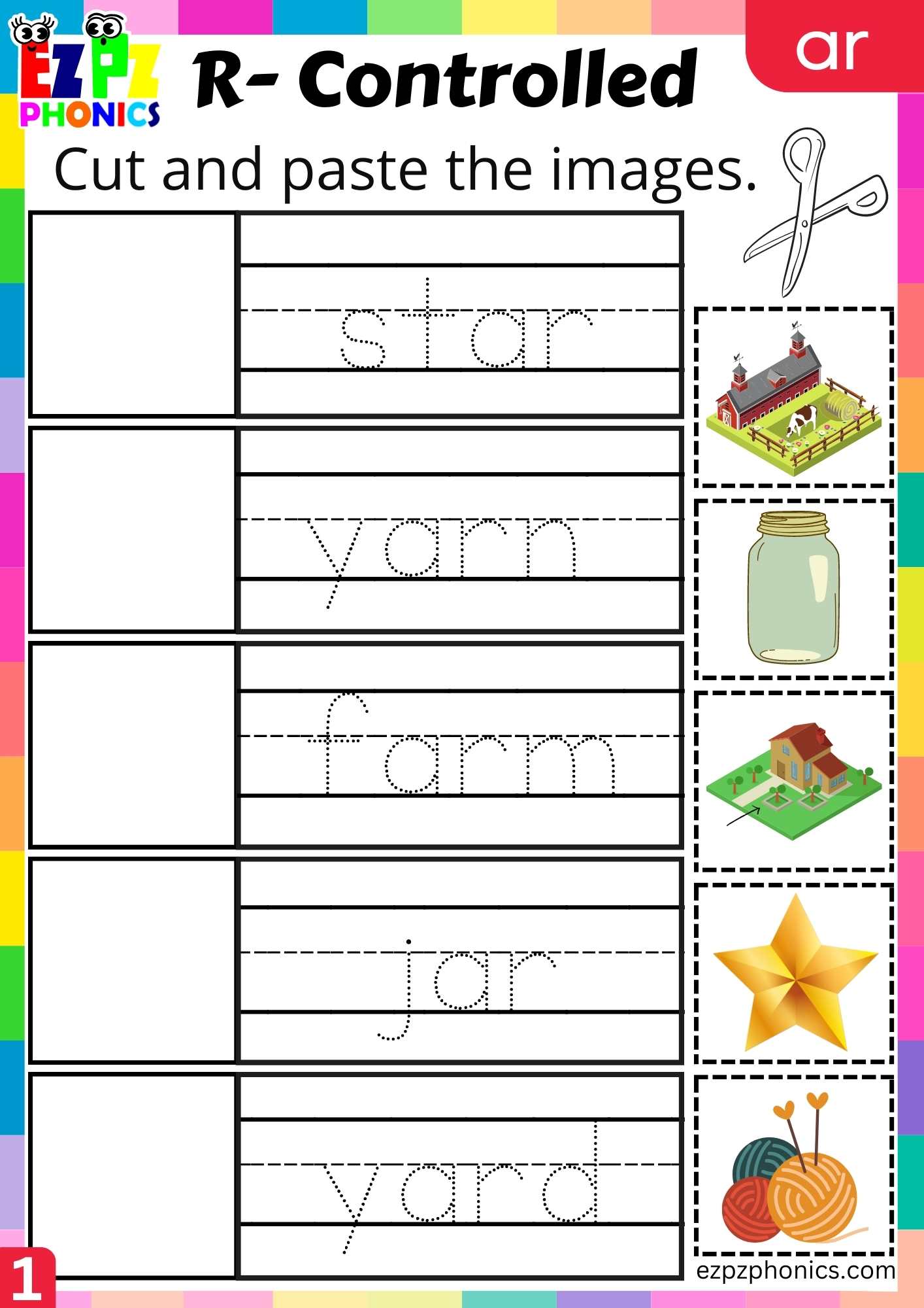 Cut and paste worksheet for ar words R controlled vowels phonics group 1